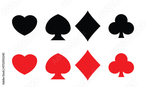Black and red playing card icon. Illustration of black and red playing card suits including hearts, spades, diamonds, and clubs, representing classic casino and poker design.
