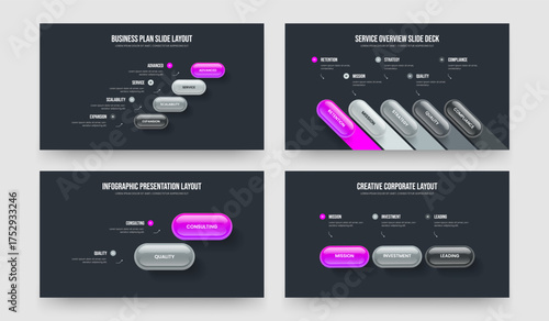 Modern Solution Four Five Two Three Option Diagram Slide Design Vector Illustration Set. Company Insight 4 5 2 3 Step Infographic Slideshow Layout Bundle.