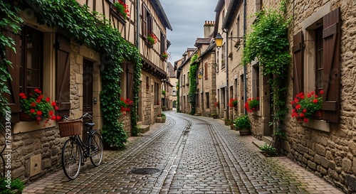 Fototapeta Naklejka Na Ścianę i Meble -  A charming, wet cobblestone street winding through a historical French village, lined with medieval stone buildings, red geraniums, and lush green ivy.