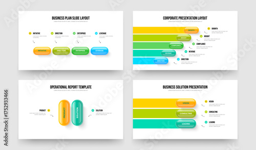 Professional Strategy Four Five Two Three Step Diagram Slideshow Template Vector Illustration Bundle. Financial Briefing 4 5 2 3 Option Infographic Presentation Design Set.