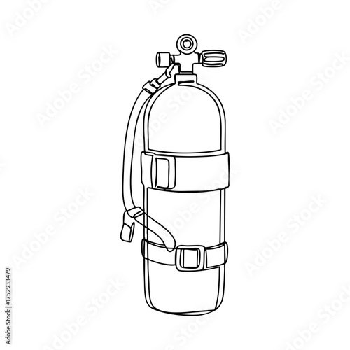 Vector line art of a scuba diving oxygen tank with pressure valve and harness straps, minimal black outline illustration for underwater and adventure design