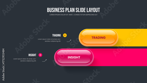 Modern Profile Frame Template Vector Illustration. Creative Development Two Element Infographic Slideshow Design. Product Performance 2 Option Diagram Presentation Layout.