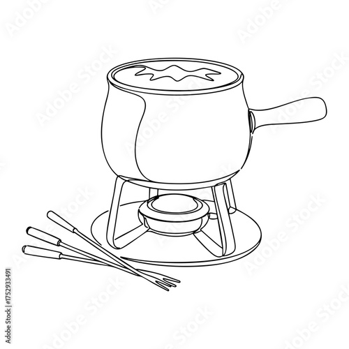 Vector line art illustration of a fondue pot with burner and dipping forks, minimal black outline cooking equipment for home dining and cozy food design