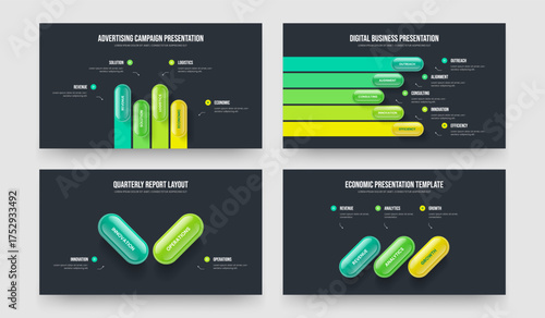 Creative Analysis 4 5 2 3 Element Infographic Slideshow Layout Bundle. Market Showcase Four Five Two Three Option Diagram Presentation Design Vector Illustration Set.