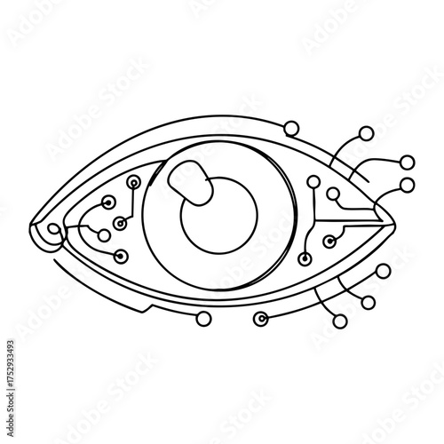 Vector line art of a cybernetic eye combining human and technological elements, symbolizing artificial intelligence, vision, and digital innovation.
