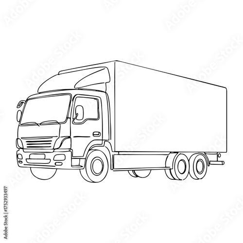 Vector line art of a large cargo truck with cabin and trailer, minimal black outline illustration representing logistics, shipping and transportation design