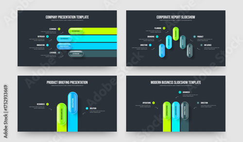 Marketing Launch 4 5 2 3 Element Diagram Slideshow Layout Set. Advertising Campaign Four Five Two Three Step Infographic Frame Design Vector Illustration Collection.