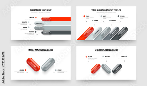 Visual Visualization Four Five Two Three Option Infographic Slide Design Vector Illustration Collection. Service Introduction 4 5 2 3 Element Diagram Slideshow Layout Bundle.
