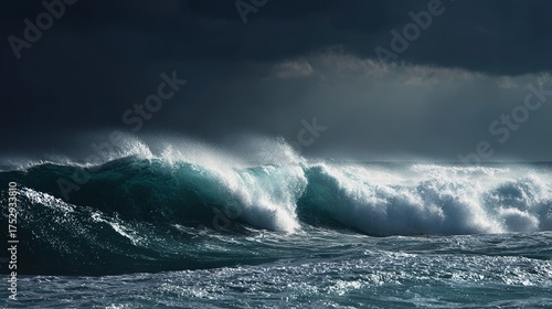 Fototapeta Naklejka Na Ścianę i Meble -  Dramatic ocean wave crashing under a stormy sky, conveying power, energy, and the raw beauty of nature perfect for travel or adventure content