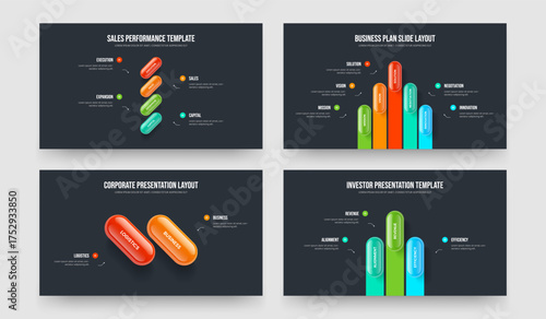 Business Insight 4 5 2 3 Element Diagram Frame Template Bundle. Investor Solution Four Five Two Three Option Infographic Slide Design Vector Illustration Collection.