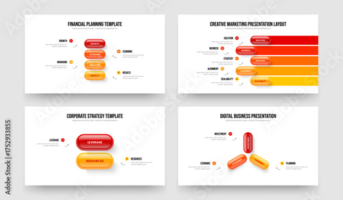Enterprise Growth Four Five Two Three Step Diagram Presentation Template Vector Illustration Collection. Company Plan 4 5 2 3 Element Infographic Frame Design Set.