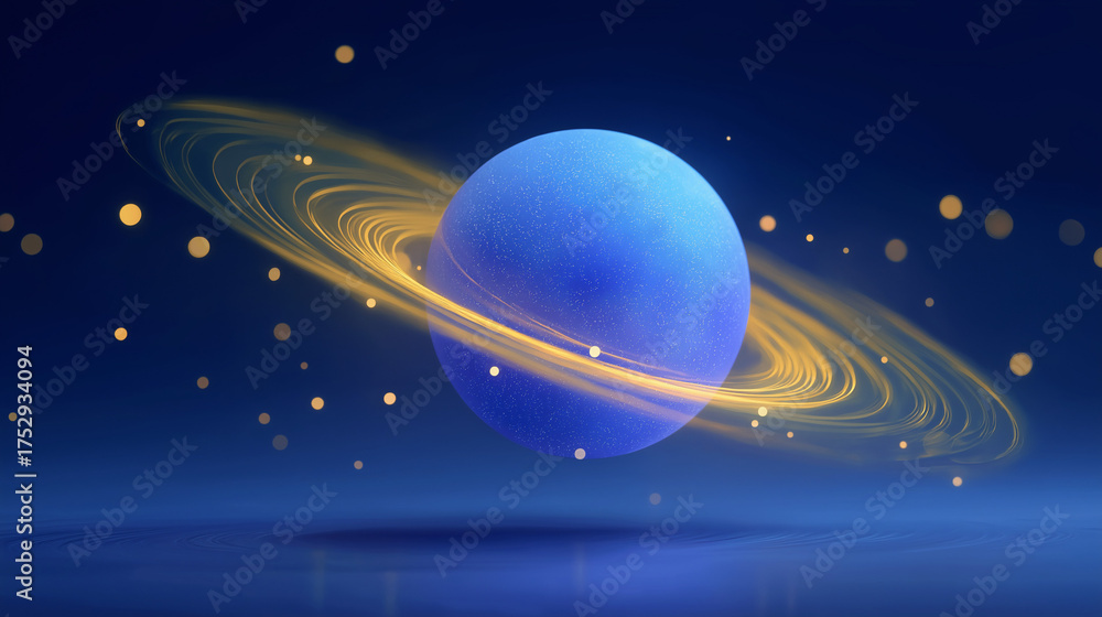 Naklejka premium Cosmic Rings of Radiance: A celestial body, adorned with luminous, swirling rings, floats serenely against a deep, star-studded cosmos.