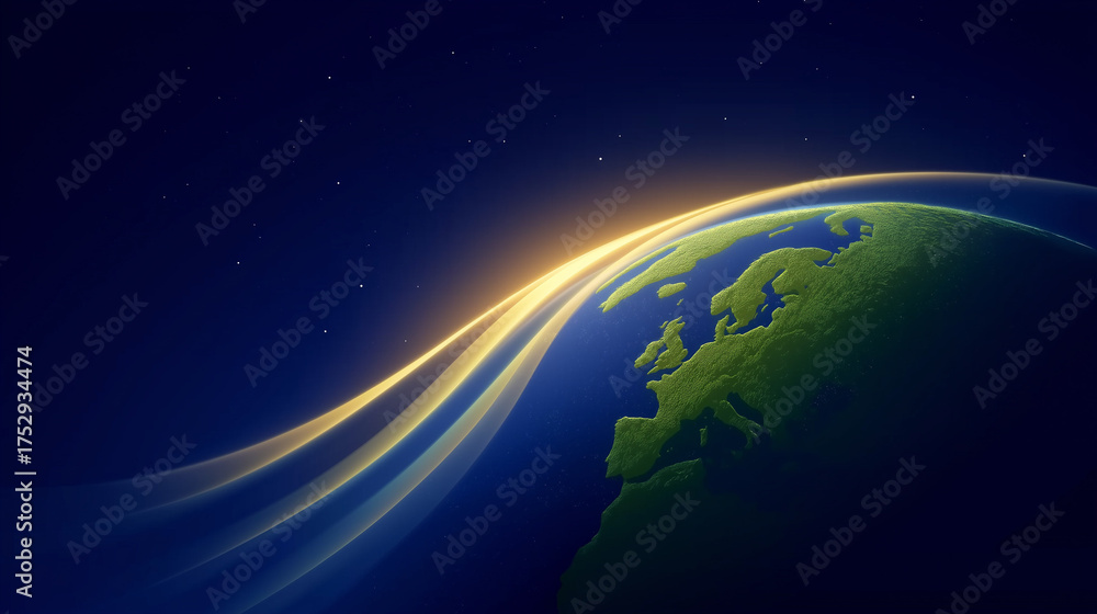 Fototapeta premium World in orbit: A breathtaking image showing planet Earth, beautifully illuminated by streaks of light. The vibrant depiction of the earth amidst the dark space.