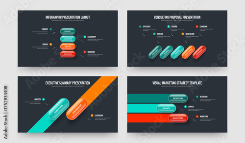 Professional Plan Four Five Two Three Step Diagram Slideshow Template Vector Illustration Collection. Marketing Launch 4 5 2 3 Element Infographic Slide Design Set.
