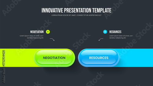 Company Launch 2 Option Infographic Slideshow Design. Corporate Visualization Slide Layout Vector Illustration. Sales Insight Two Step Diagram Frame Template.