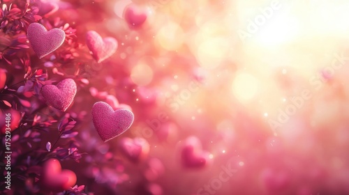 Romantic hearts floating in a dreamy pink and red background.