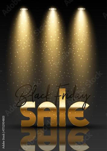Black Friday Sale background with golden lettering under 3 gold spotlights with sparkles