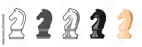 Chess knight set design, available in outline, solid and colored, editable vector.	