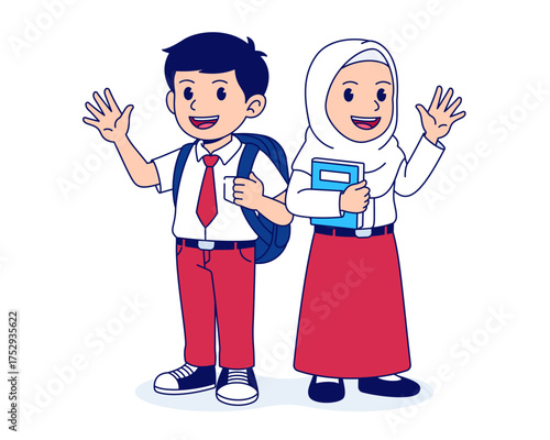 Cartoon illustration of a boy and a muslim girl wearing Indonesian elementary school uniforms