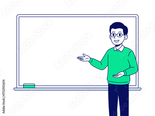 Cartoon illustration of a male teacher explaining a lesson in front of a blank whiteboard