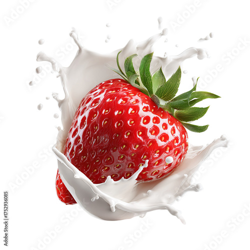 Fresh strawberries dropping and splashing into milk