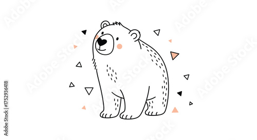 A cute hand drawn doodle of a bear with small triangles scattered around it.