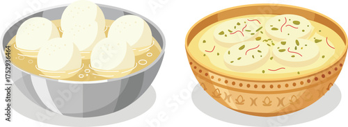 Traditional Indian Sweets Illustration Rasgulla and Rasmalai Dessert Bowls Vector