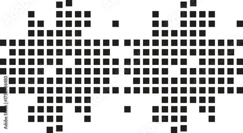 Pixel disintegration background. Decay effect. Dispersed dotted pattern. Concept of disintegration. Set pixel mosaic textures with simple square particles. Vector illustration on black background.