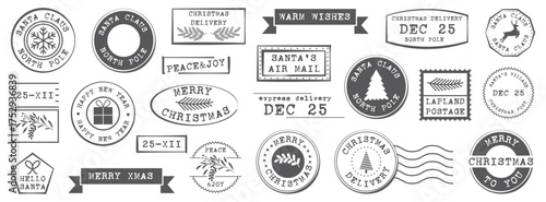 Christmas postmark and mail stamp collection in vintage monochrome. Various postal marks with north pole, santa, and delivery dates. Suitable for retro card design and holiday decoration