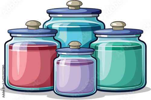 Four cartoon jars containing colorful liquids are arranged decoratively on a white surface