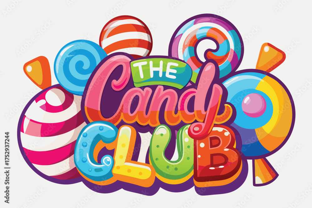 Fototapeta premium Cartoonish candies surround the words The Candy Club in bright, playful style and composition