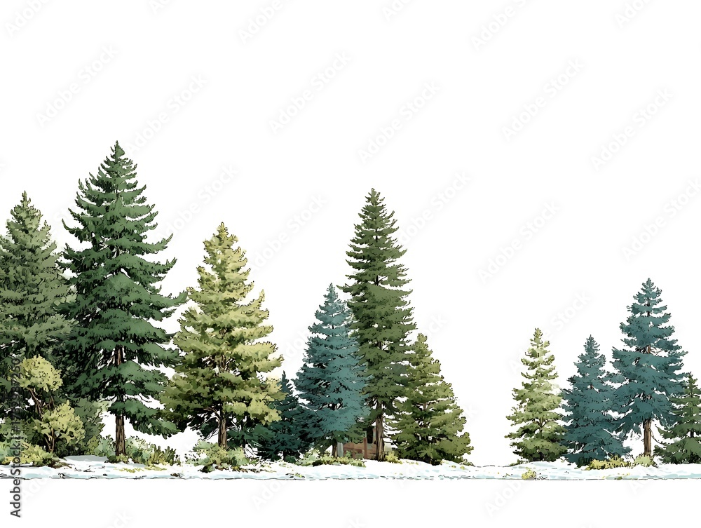 Fototapeta premium A serene evergreen forest landscape with towe pine trees and a light dusting of snow is perfect for backgrounds and overlay graphics.