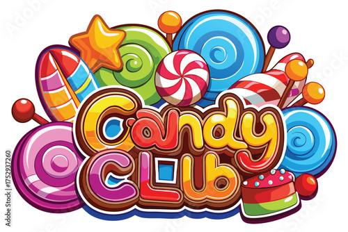 Colorful lollipop candy and Candy Club text shine in a delightful, playful confection arrangement