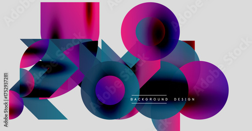 Abstract geometric shapes, vibrant pinks, blues create modern design. Overlapping forms suggest depth, movement. Minimal text present.