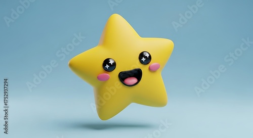 Cute kawaii yellow star character with a happy smiling face on a blue background.