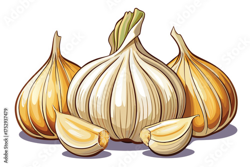 Three garlic bulbs with two cloves create a simple and flavorful culinary arrangement