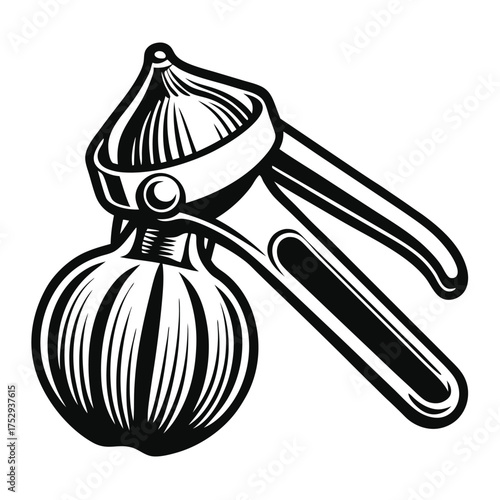 Black shows a metal press squeezing an onion for cooking use