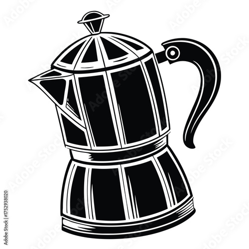 A retro moka pot with an elegant black and white design stands ready