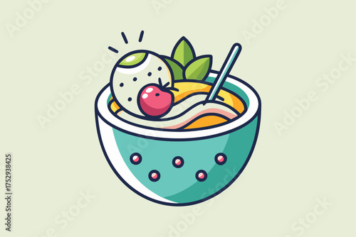 Refreshing bowl illustration showcases layers with syrup, fruit, and a sparkling scoop