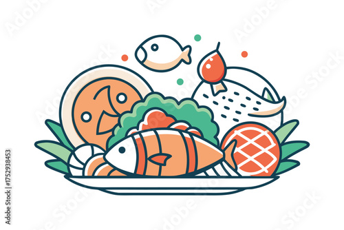 Stylized fish with various colorful garnishes are presented creatively on a platter in this visual