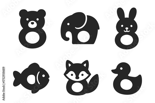 Baby rattle animal silhouette icons , bear, elephant, bunny, fish, fox, duck
