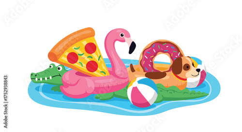 A fun collection of inflatable pool toys including a flamingo pizza slice a donut and a dog.