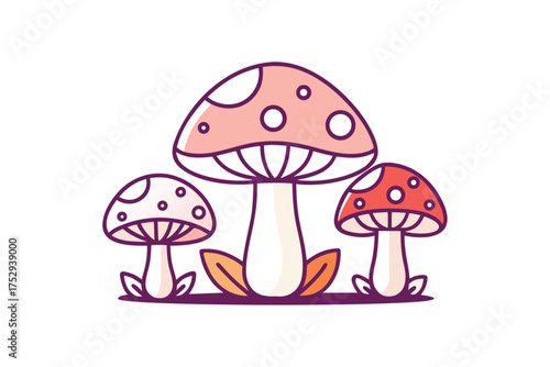 Three colorful mushrooms with spots stand together over brown leaves and a purple soil