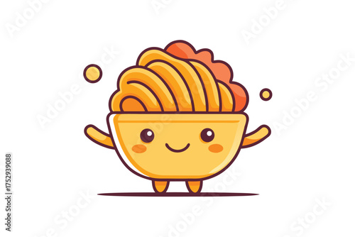 Cute yellow bowl containing pasta waves cheerfully with charming eyes and smiles