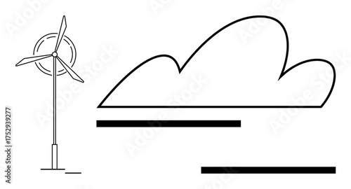 Wind turbine generating wind energy near stylized cloud, promoting sustainability and eco-consciousness. Ideal for renewable energy, clean technology, climate action, green power, eco-awareness
