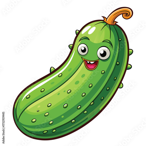 Joyful cartoon cucumber character smiles widely with bright eyes on a crisp white background