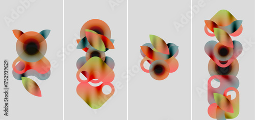 Abstract colorful shapes overlap, creating dynamic compositions. Soft gradients blend hues, forming fluid forms. Minimalist presentation, four panels.