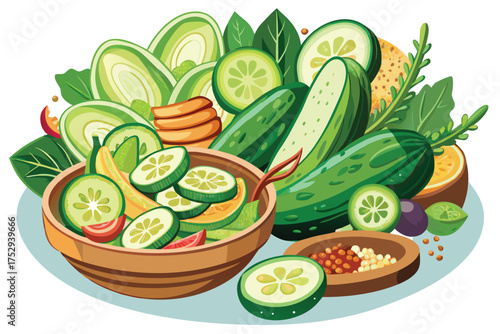 Fresh cucumbers, sliced oranges and leafy greens fill up and surround two small wooden bowls