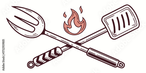 BBQ fork and spatula crossed with flame over white backdrop create a fun image