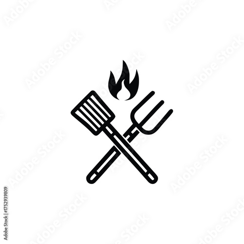 Crossed spatula and fork icon with flame above in a black outline
